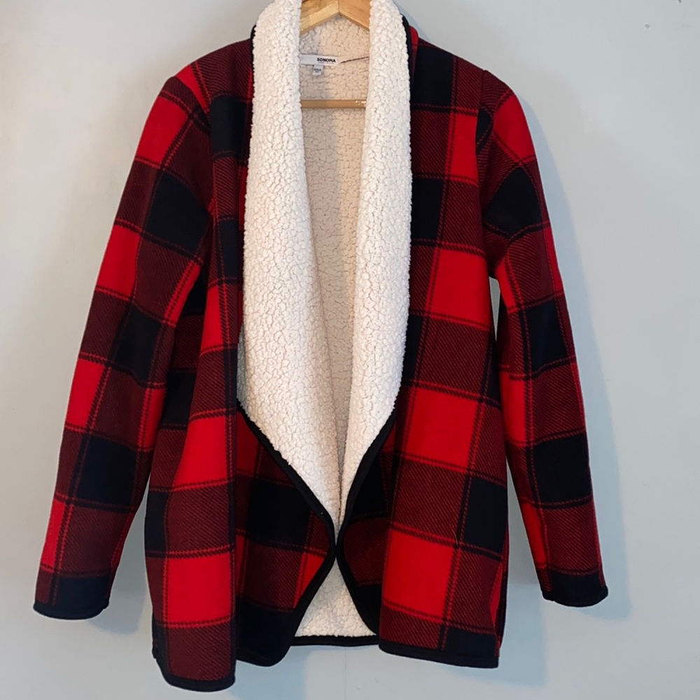 Sonoma Women’s Black and Red Plaid Sherpa Cardigan